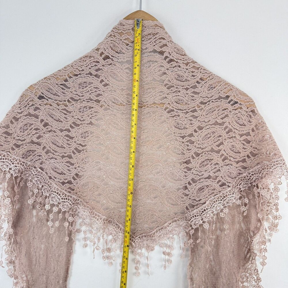Women’s Pink Lace Triangle Shawl or Mantilla with Fringe Trim 64” X 18” - Picture 6 of 13